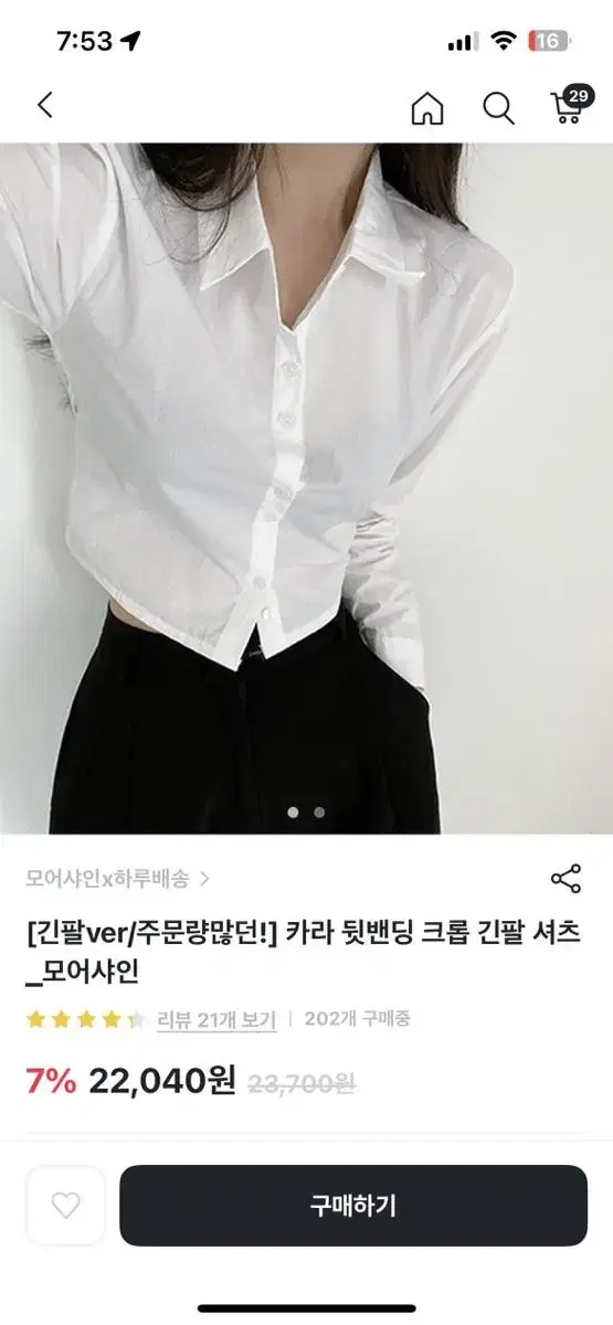 카라 뒷밴딩 크롭 긴팔 셔츠